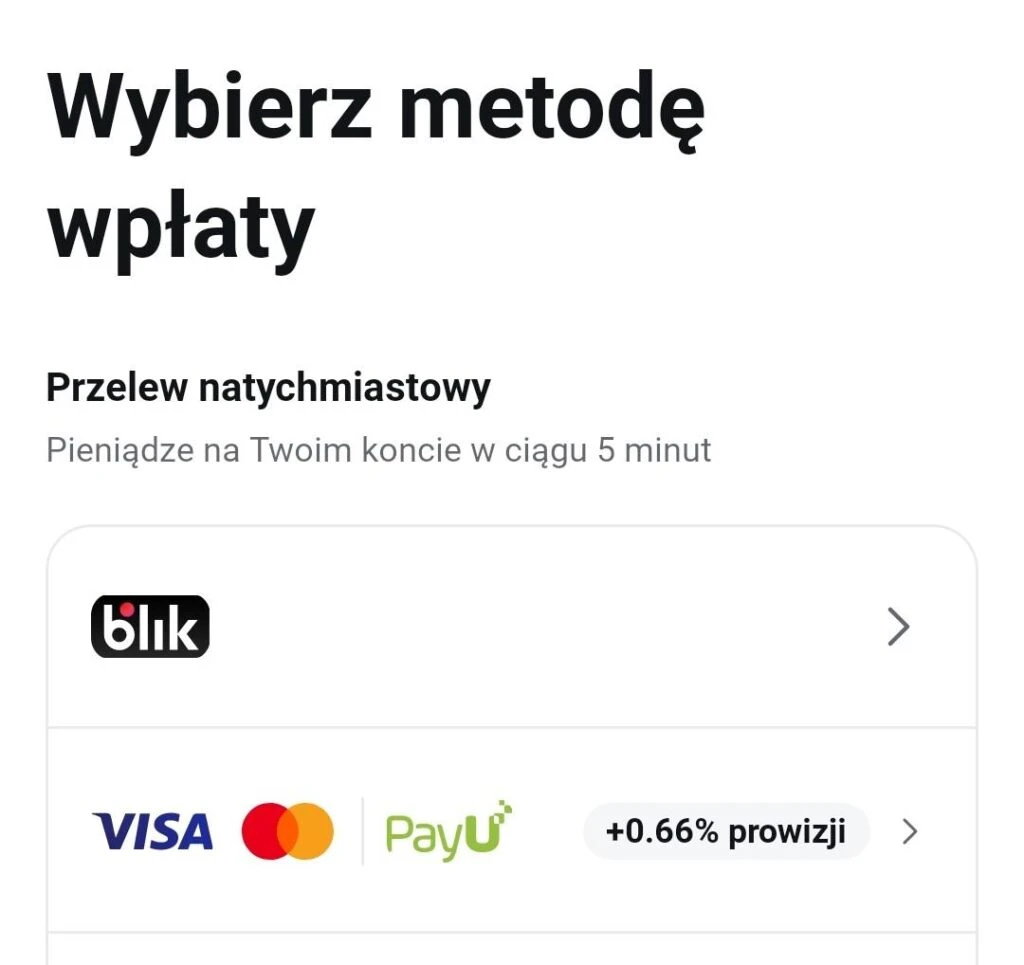Ekran wyboru metody wpłaty z opcjami BLIK, Visa, Mastercard i PayU