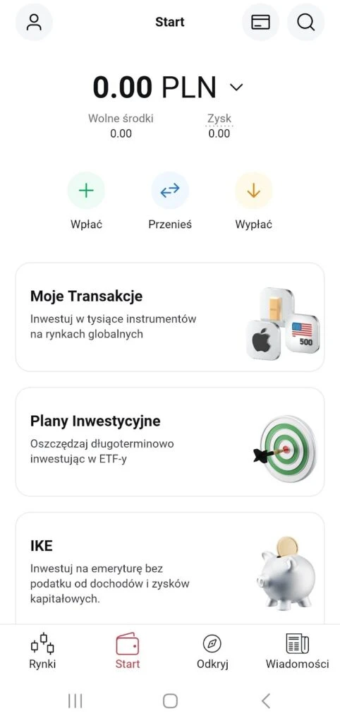 Panel główny eWallet XTB z saldem, opcjami wpłaty i inwestycjami