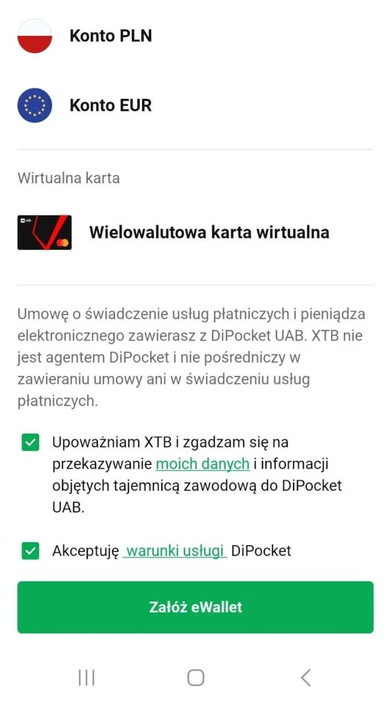 Ekran rejestracji eWallet XTB z kontami PLN i EUR oraz kartą wirtualną