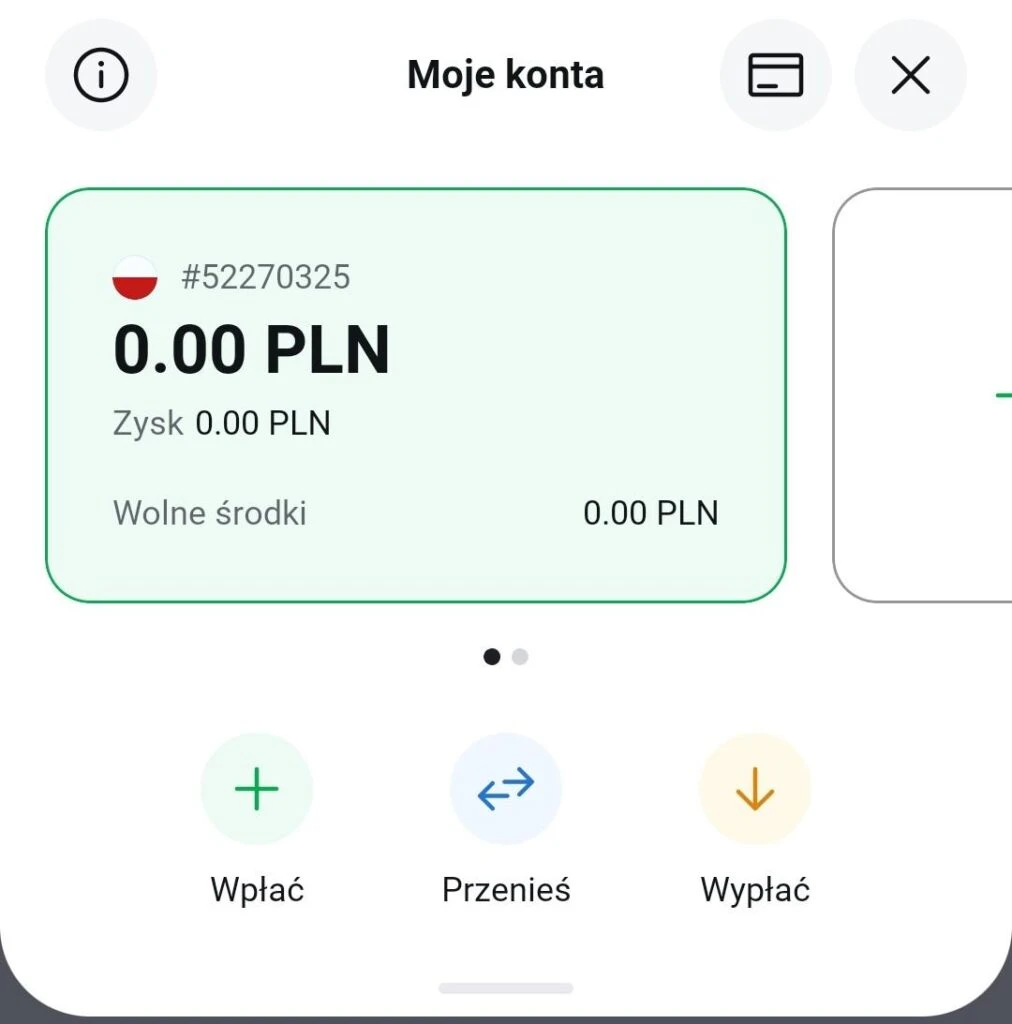 Ekran eWallet XTB z saldem 0.00 PLN i opcjami wpłaty