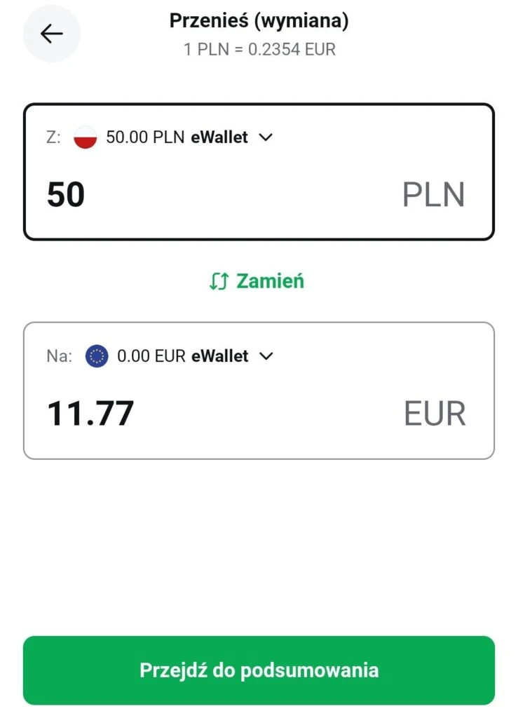 Wymiana walut w eWallet XTB - 50 PLN na 11.77 EUR