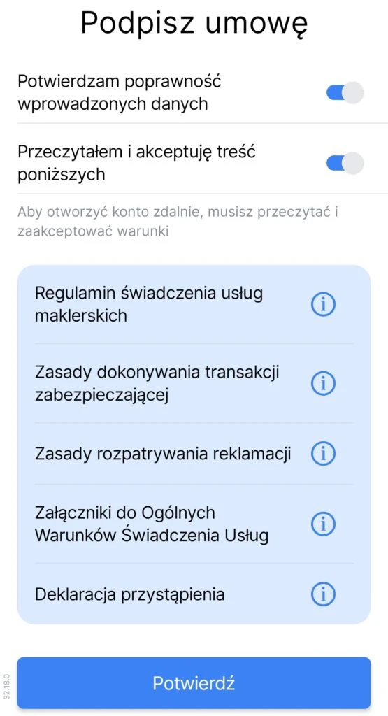 Ekran umowy Freedom24 z przełącznikami zgody i przyciskiem potwierdzenia