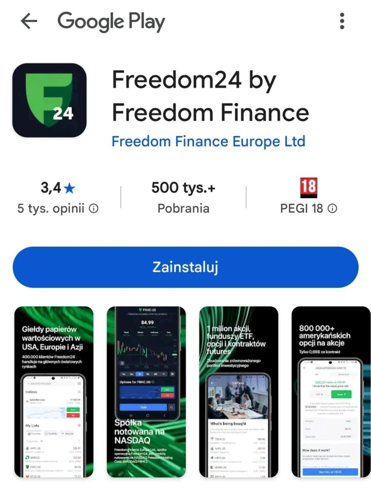 Aplikacja Freedom24 w Google Play Store - strona produktu