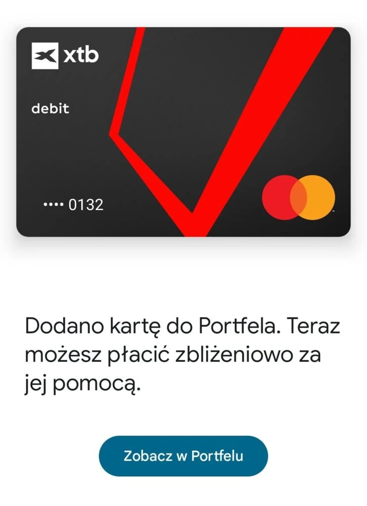 Karta debetowa XTB Mastercard dodana do portfela cyfrowego