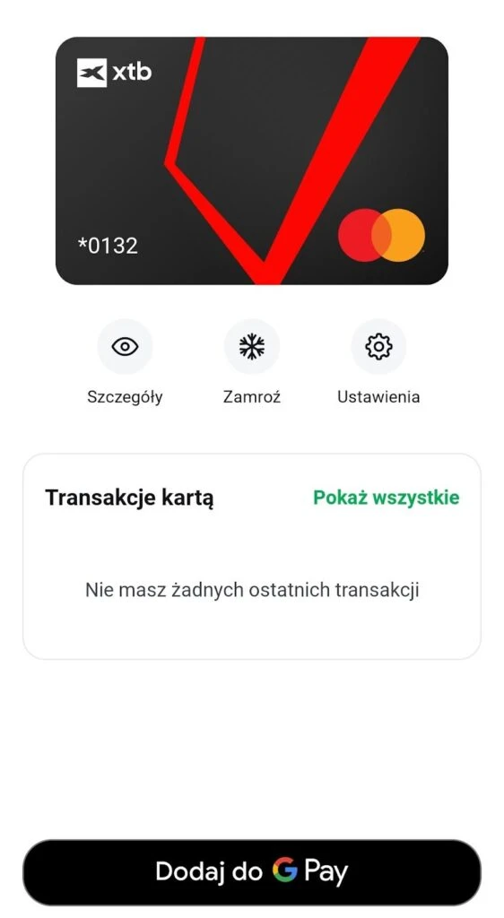 Czarna karta Mastercard XTB ze szczegółami i opcją dodania do Google Pay