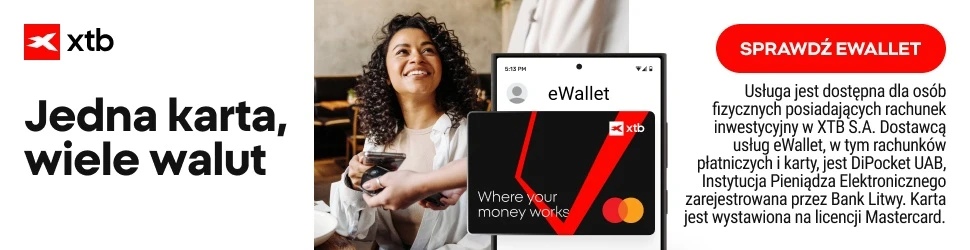 Reklama XTB eWallet z kartą Mastercard i uśmiechniętą kobietą