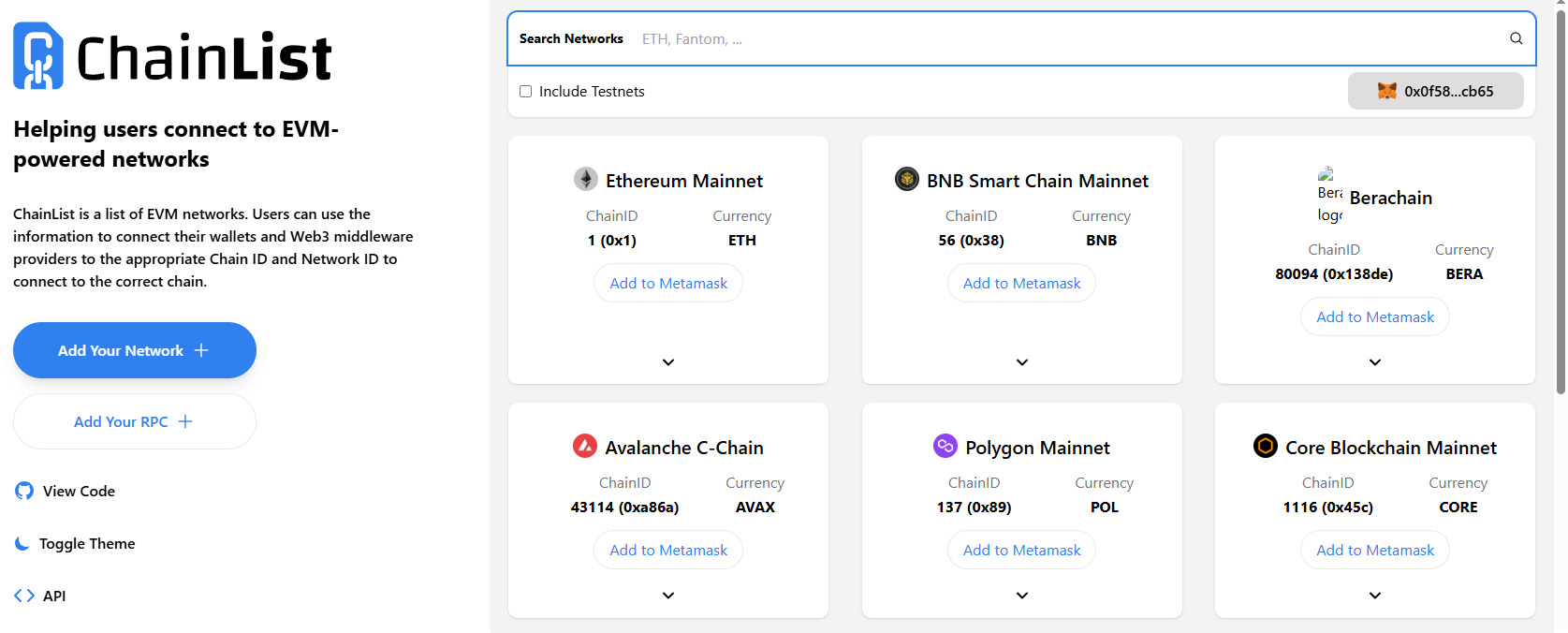 Sieci Metamask Chainlist