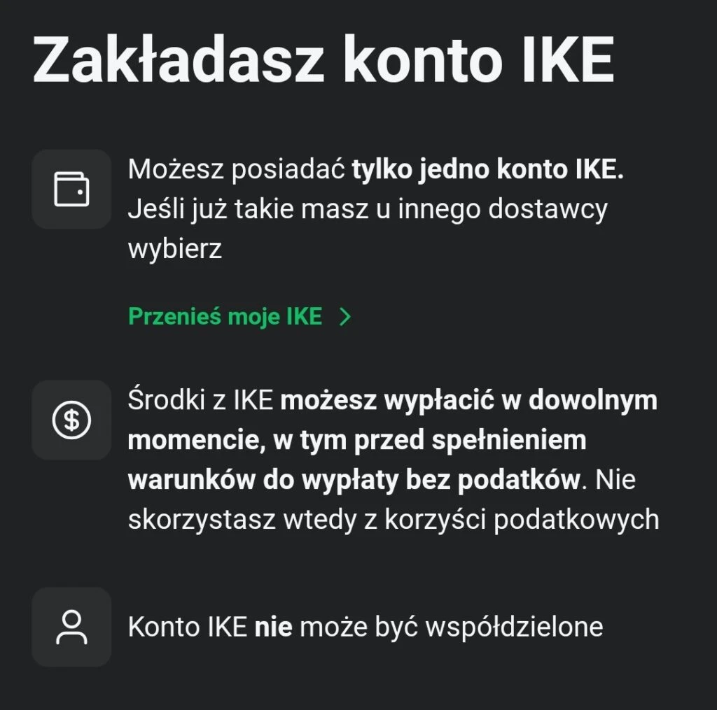 Ekran aplikacji XTB z wymaganiami do otwarcia konta IKE