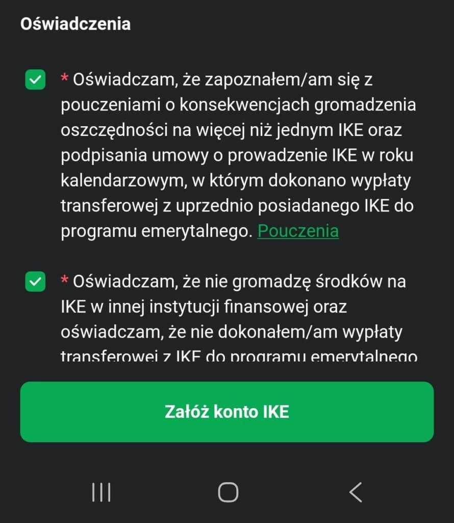 Oświadczenia i warunki otwarcia konta IKE w aplikacji XTB