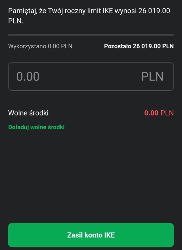 Ekran IKE w XTB z limitem 26019 PLN i wkładem zero