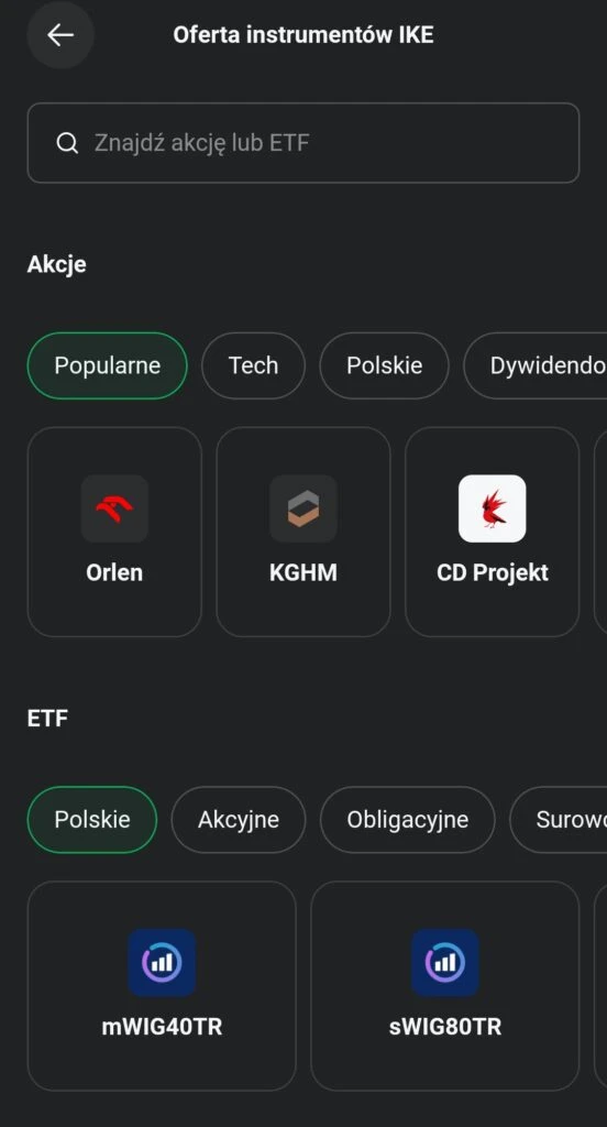Ekran oferty instrumentów IKE w XTB z akcjami i ETF-ami