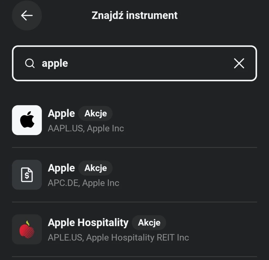 Wyszukiwanie instrumentu 'apple' w aplikacji XTB z wynikami akcji