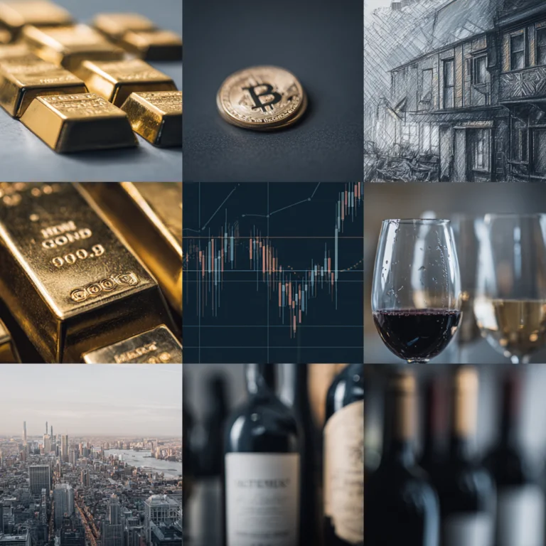 Kolaż inwestycyjny ze złotem, bitcoinem, wykresami, winem i widokiem miasta