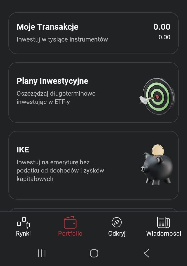 Ekran aplikacji XTB z opcjami inwestycyjnymi: transakcje, plany ETF, IKE