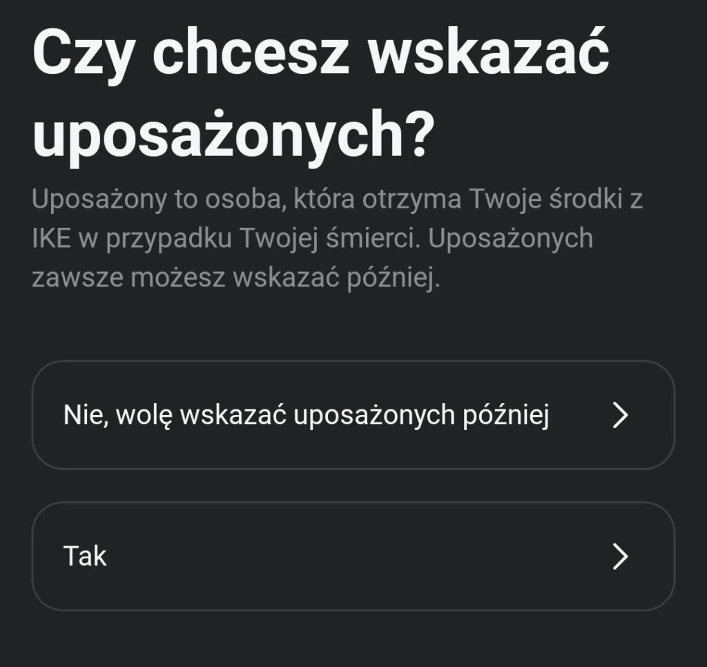 Dialog XTB pytający czy wskazać uposażonych, dwa przyciski odpowiedzi