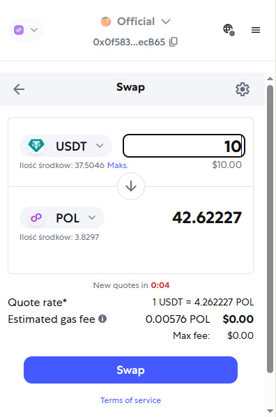 Swap w portfelu Polygon max fee