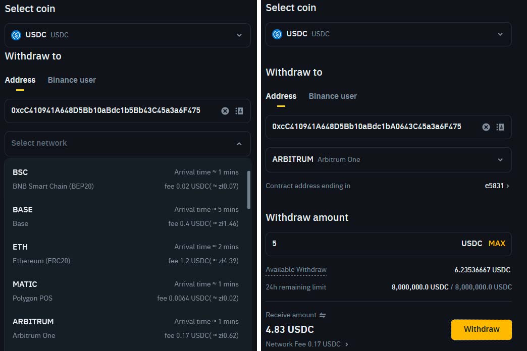 Wypłata z Binance 1 - token i sieć
