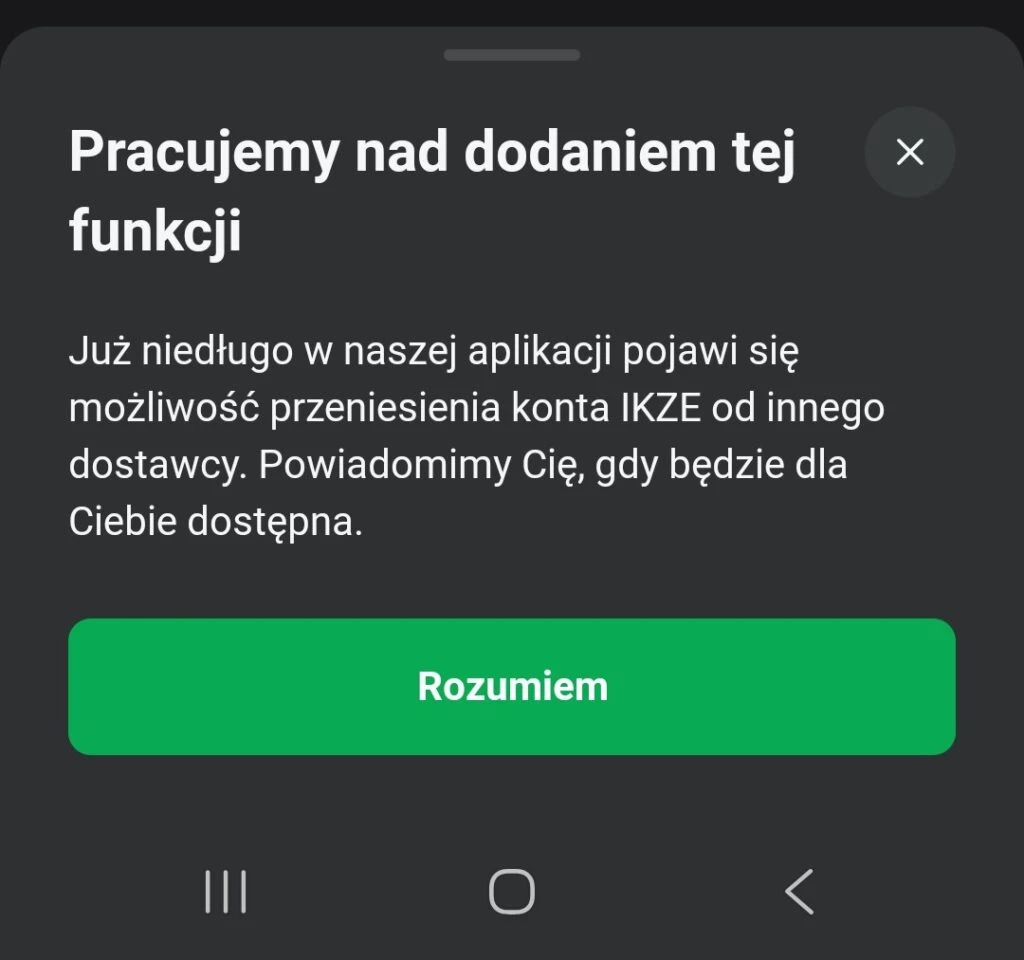 Komunikat o braku możliwości przeniesienia konta IKZE w aplikacji XTB