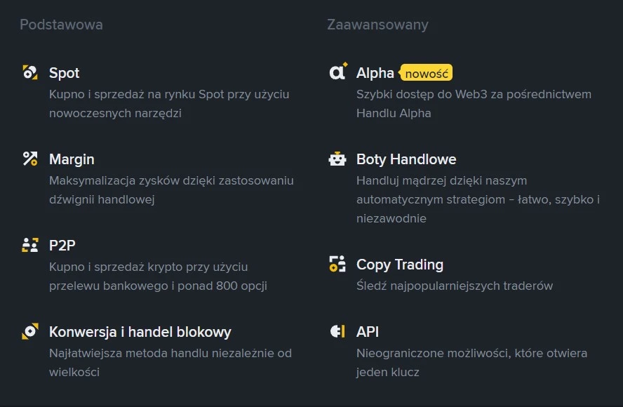 Oferta handlowa Binance – Spot, Margin, P2P, Boty, Copy Trading i API