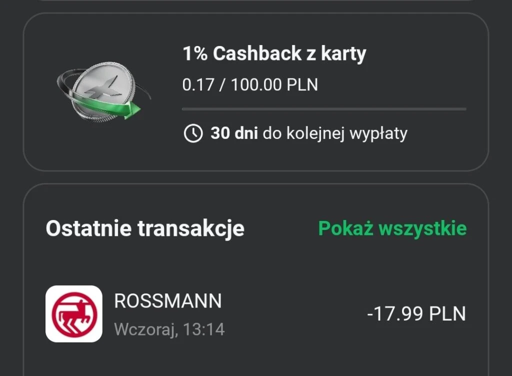 Cashback z karty 1% - 0.17 PLN z 100 PLN w XTB