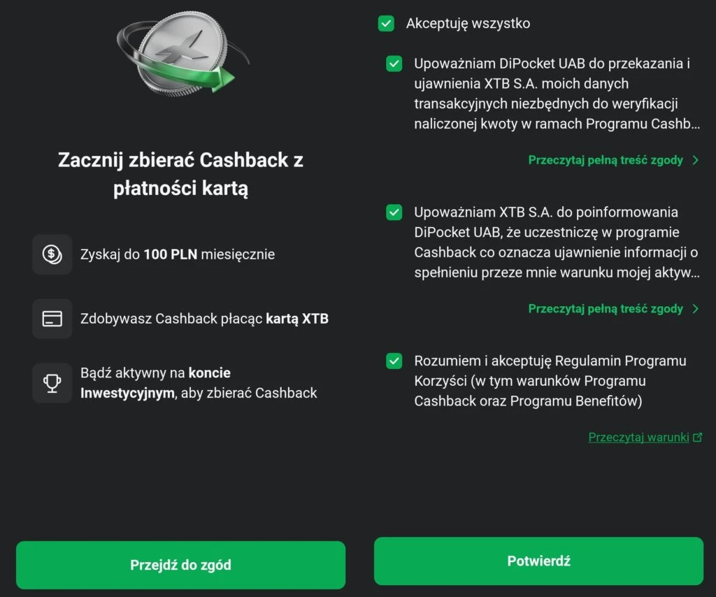 Ekran zgód programu Cashback XTB z przyciskami akcji