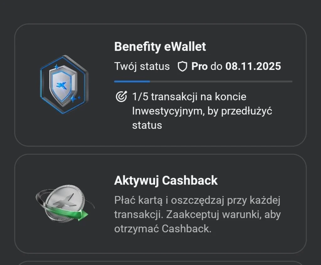 Benefity eWallet PRO i opcja Aktywuj Cashback w aplikacji XTB