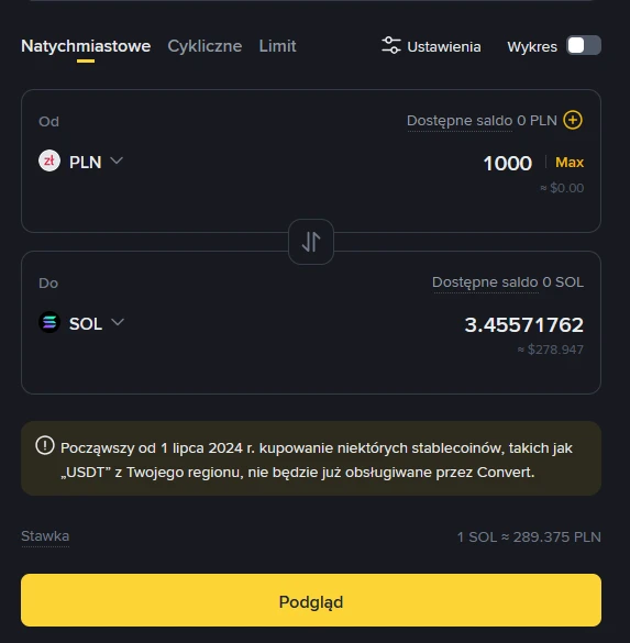 Interfejs wymiany PLN na SOL w Binance Convert