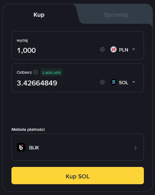 Formularz zakupu Solany za 1000 PLN na Binance, metoda BLIK