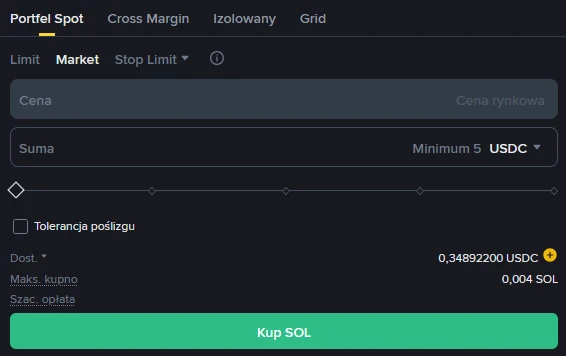 Formularz zlecenia Market do kupienia SOL na Binance spot