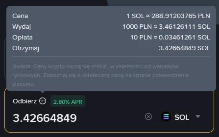 Kalkulator wymiany 1000 PLN na 3,42 SOL ze stawką 2,80% APR