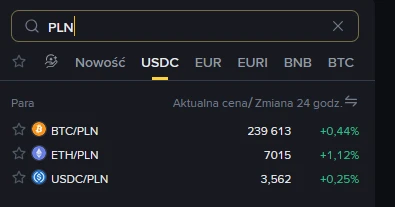 Wyszukiwanie PLN na giełdzie - kursy BTC, ETH, USDC