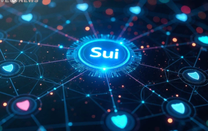 Logo Sui w centrum sieci blockchain z połączeniami i węzłami