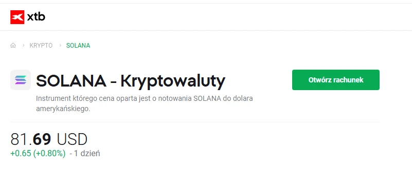 Kurs Solana na platformie XTB wynoszący 81,69 USD
