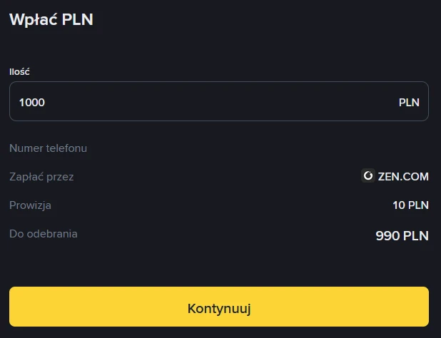 Formularz wpłaty 1000 PLN przez Zen.com