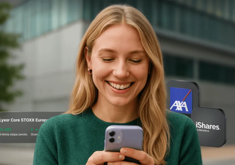 Uśmiechnięta kobieta z telefonem, logo AXA i "iShares" oraz ETF "Lyxor Core STOXX Europe