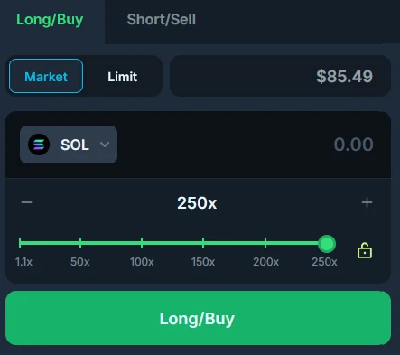 Panel "Long/Buy" na DEX Jupiter z dźwignią 250x dla SOL