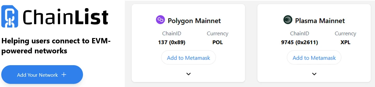 ChainList - interfejs dodawania sieci Polygon Mainnet do MetaMask