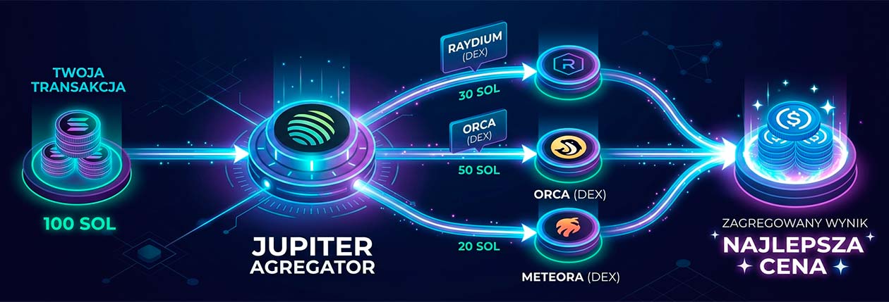 Jupiter Agregator wymieniający 100 SOL na najlepszą cenę przez trzy DEX