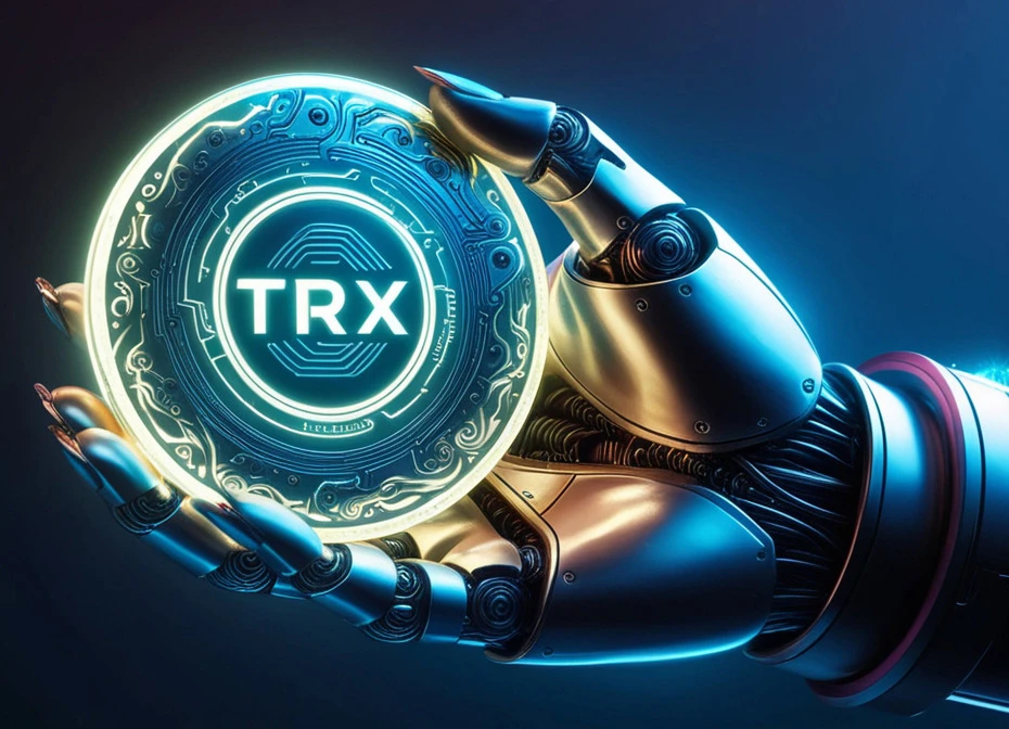 Robotyczna dłoń trzymająca świecącą monetę kryptowaluty TRX Tron