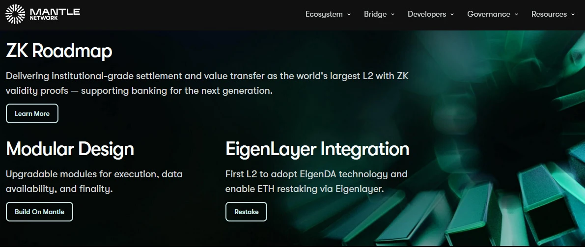 Strona internetowa Mantle Network z opisem ZK Roadmap i technologii EigenLayer
