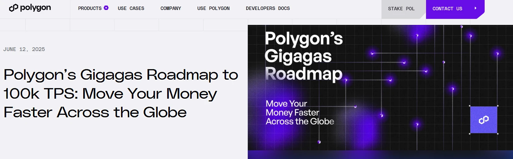 Promocyjny banner Polygon Gigagas z fioletowym gradientem i animowanymi punktami świetlnymi
