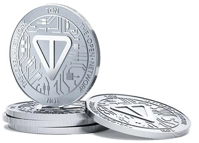 Srebrne monety kryptowaluty TON z logo The Open Network