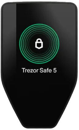 Czarny hardware wallet Trezor Safe 5 z zieloną ikoną kłódki