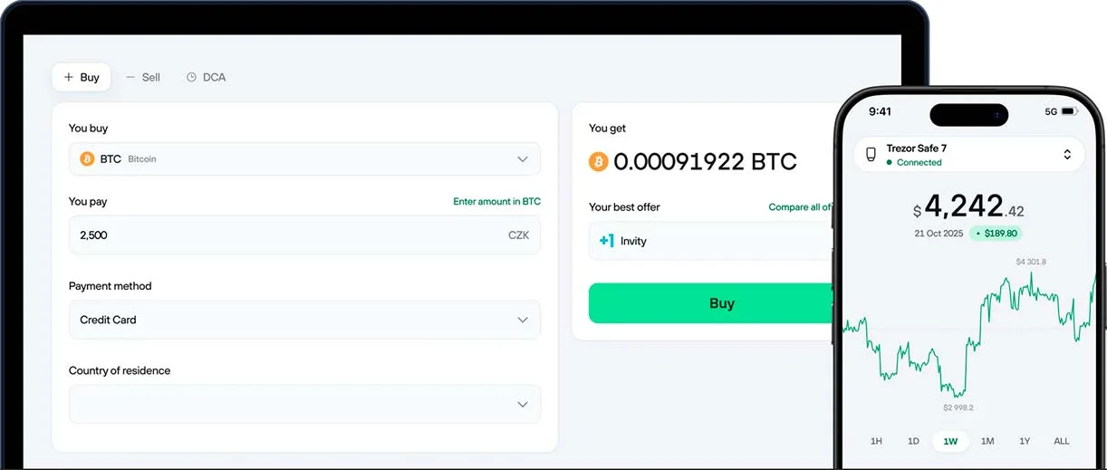 Interfejs Trezor Suite do zakupu Bitcoin na laptopie i telefonie