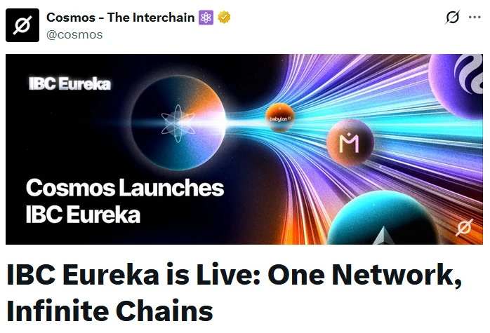 Grafika prezentująca sieć Cosmos z logotypem IBC Eureka i połączeniami między blockchain'ami