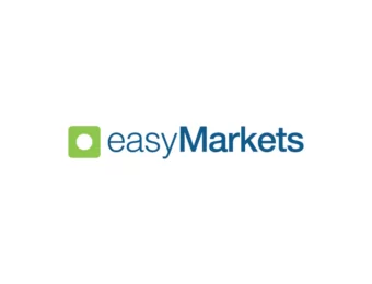 Logo platformy inwestycyjnej easyMarkets z zielonym kwadratem i niebieskim napisem