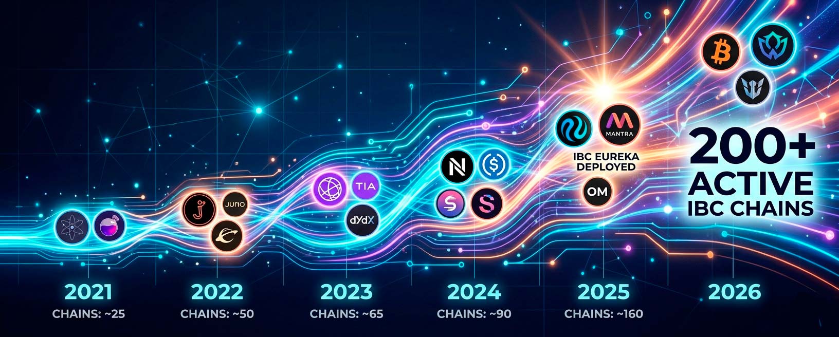 Oś czasu wzrostu ekosystemu Cosmos IBC od 25 do 200+ aktywnych sieci (2021–2026)