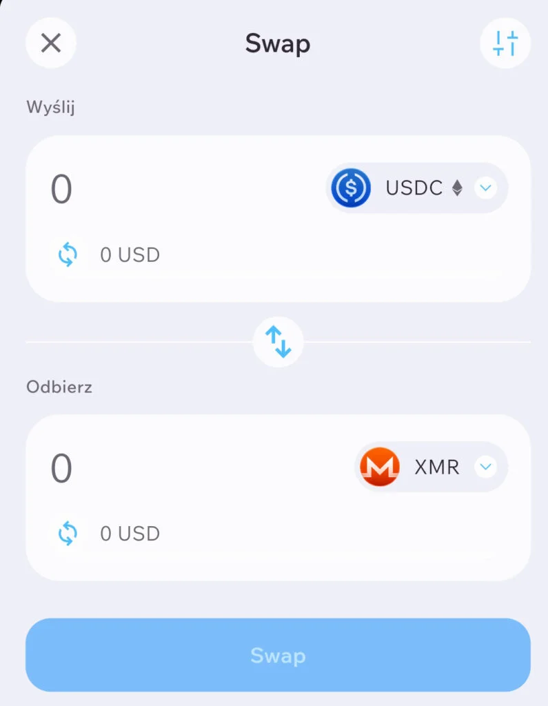Swap w Cake Wallet – wymiana USDC na Monero (XMR)