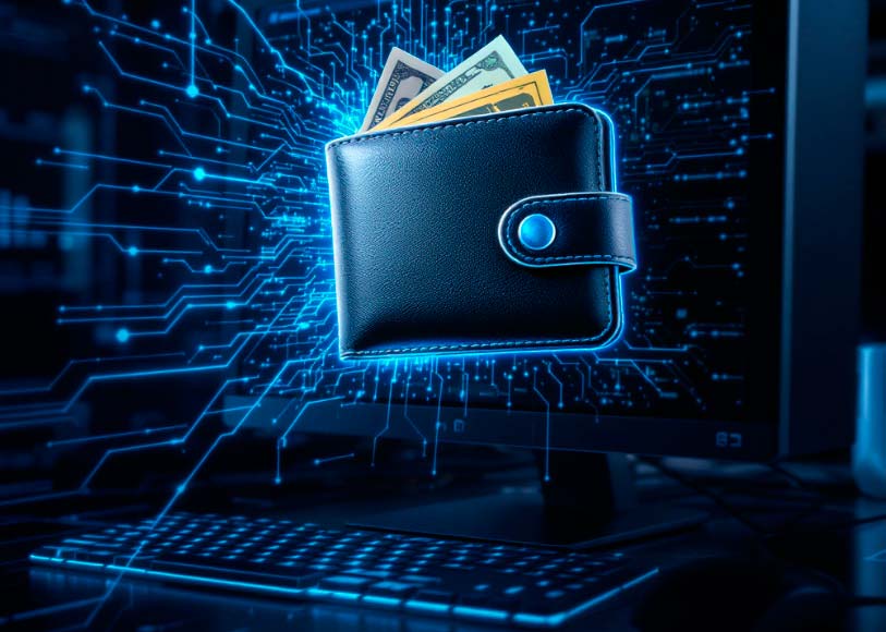 Portfel blockchain unoszący się nad klawiaturą komputera