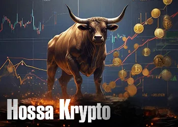 Złoty byk na tle wykresów i monet kryptowalut, napis Hossa Krypto
